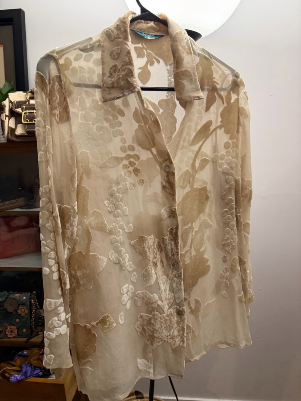Sheer solo burnout Beige Floral Button-Up Blouse